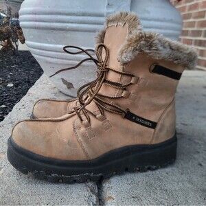 Vintage 90s Chunky Skechers Womens Boots Platform Tan Leather Lace Fur Y2K Sz 7